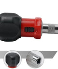 Heavy Duty Compact Quarter Inch Hex Ratchet Screwdriver With Quick Forward Reverse Switch And Slick Pocket Friendly Design showing the hex chuck and grip.