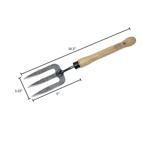 Mid Size Garden Fork For Loosening And Aerating Soil With Hardened Boron Steel Tines And Ash Hardwood Handle, dimensions shown