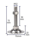 Heavy Duty Stainless Steel Furniture Levelers 8 Pack Adjustable M12 Thread Feet with dimensions 76mm wide and 50mm tall.