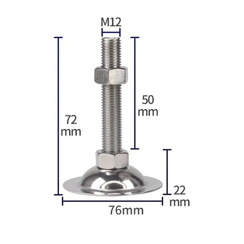 Heavy Duty Stainless Steel Furniture Levelers 8 Pack Adjustable M12 Thread Feet with dimensions 76mm wide and 50mm tall.