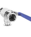 1.5-inch sanitary tri-clamp ball valve with blue lever; stainless steel body (304), front view