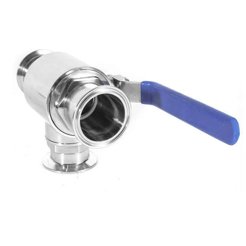 1.5-inch sanitary tri-clamp ball valve with blue lever; stainless steel body (304), front view
