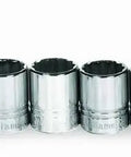 20 Piece 3/8 Inch Drive Metric Deep 12 Point Socket Set Built Tough With Premium Chrome Finish For Auto And Home Repairs Super Torque Lobular Openings For Maximum Grip And Power. Chrome metric deep sockets lined up