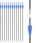 Recurve Bow Arrows 26 Inch Fiberglass Arrow Set With Blue And White Vanes For Target Practice Safety Glass For Youth Beginners Gals 12 Pack Great For Target Practice At The Range displayed horizontally and close-up on arrowhead.