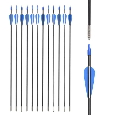 Recurve Bow Arrows 26 Inch Fiberglass Arrow Set With Blue And White Vanes For Target Practice Safety Glass For Youth Beginners Gals 12 Pack Great For Target Practice At The Range displayed horizontally and close-up on arrowhead.