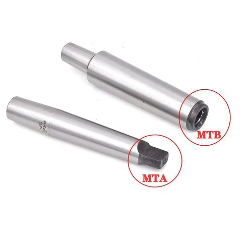 Two steel Morse taper arbors for CNC mills and lathes; black adapter sleeve ends, MTB and MTA labels visible
