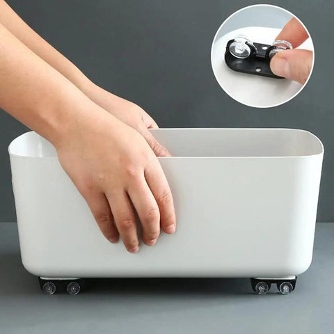 Hands attaching 16 Piece Self Adhesive Caster Wheels Mini Swivel Casters Sticky Plastic Rolling Kit to a white storage container.