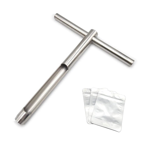 12 Inch Stainless Steel Soil Probe With T Style Handle And Reusable Sampler Bags, shown with a 3/4 in dia x 6.5 in core.