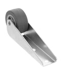 Close-up of Heavy Duty Sliding Door Rollers Featuring Grooved Directional Wheels Dead Simple Caster Pulley Kit in silver metal.