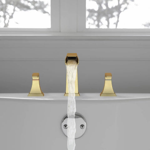 Waterfall Tub Faucet Set In Brushed Gold, Widespread 3 Hole Design With Two Handles in modern bathroom setting