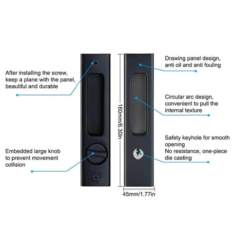 Matte Black Privacy Pocket Door Lock Hardware With Invisible Recessed Handle Latch And Keys, 6.3 Inch Sliding Door Mortise Lock For Double Barn Doors, Durable Zinc Alloy Body And Copper Cylinder, Anti Corrosion side and front view