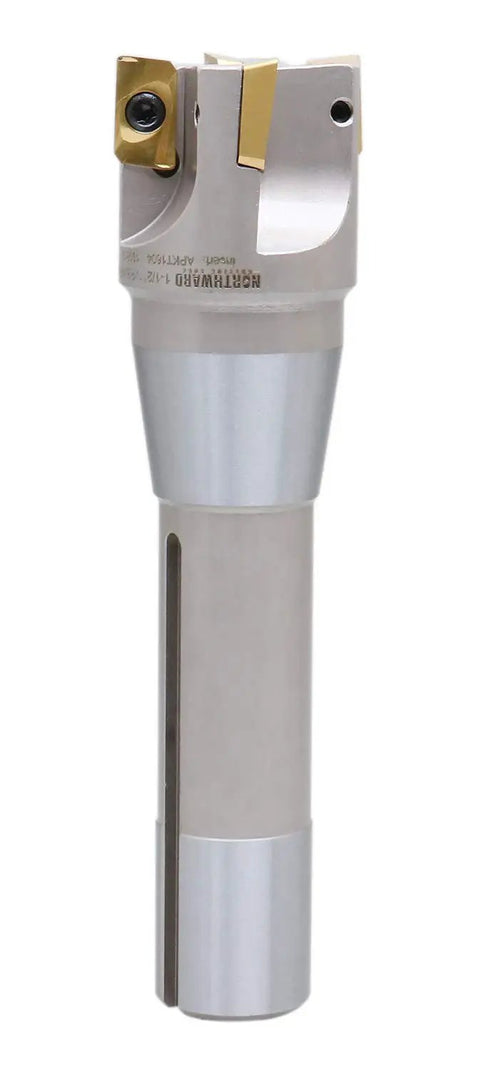 1-1/2 Inch Diameter Indexable End Mill With 6-1/8 Inch OAL, 90 Degree R8 Shank, Four APKT1604 Carbide Inserts Tin Coated, Right-Hand Cut, 90 Degree Cutting Angle, Inserts Installed, No Coolant