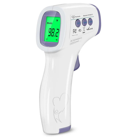 No Touch Infrared Thermometer For Adults And Kids With Fever Alert 2 In 1 Body Surface Mode No Touch Forehead And Surface Readings Instant Accurate Temperature For Baby And Family, white handheld digital model with green display
