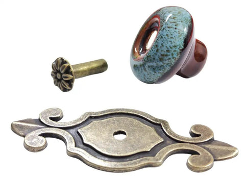 Top Shelf 10 Pack Retro Ceramic Cabinet Knobs Vintage Petal Drawer Pulls With Rustic Zinc Alloy Mounts No Sweat Easy Install For Kitchen Cupboard Dresser Room Decor showing a blue ceramic knob, decorative zinc base, and mounting hardware.