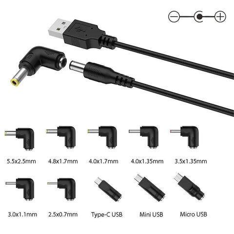 USB To DC 5V Power Cord With 10 Connector Tips For Easy Plug-and-Play Power Across Your Gadgets 5.5x2.1mm Plug Jack Includes 5.5x2.5, 4.8x1.7, 4.0x1.7, 4.0x1.35, 3.5x1.35, 3.0x1.1, 2.5x0.7, Micro USB, Type-C, Mini USB, 5FT, black USB cable with tip adapters