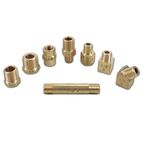 Brass oil pressure test adapters set, 8-piece, for engine and transmission pressure testing
