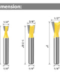Dimensions of Premier Heavy Duty Dovetail Router Bit Set Six Piece Collection with carbide shanks and yellow tips.