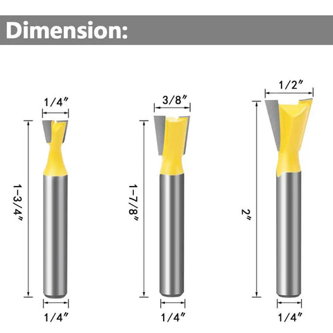 Dimensions of Premier Heavy Duty Dovetail Router Bit Set Six Piece Collection with carbide shanks and yellow tips.