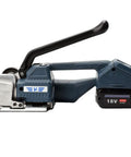 Heavy Duty Portable Cordless Electric Strapping Machine For PP And PET Packing Belts 13 To 16mm With Dual 18V Batteries side view.
