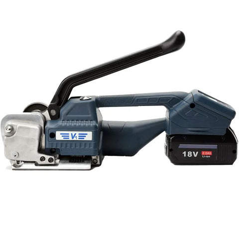 Heavy Duty Portable Cordless Electric Strapping Machine For PP And PET Packing Belts 13 To 16mm With Dual 18V Batteries side view.