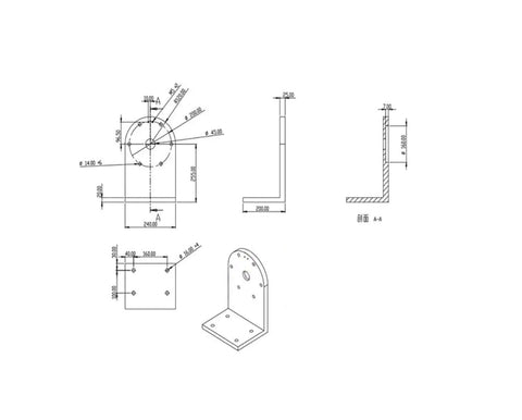 Technical drawing of Magnetic Particle L Shaped Mounting Plate and Brake Mounting Bracket for 10 20cm Fixing Plate, side and top views.