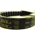 Close-up of Powerlink 669-18.1-30 CVT Drive Belt for GY6 139QMB Short Case. Teeth detail and branding visible.