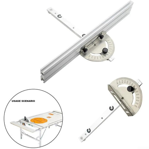 Table Saw Miter Gauge Kit With Adjustable Angle Ruler And Aluminum Guide Rail shown with woodworking table setup
