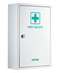 Front view of a silver metal VEVOR 3-shelf wall-mounted first aid cabinet with lock.