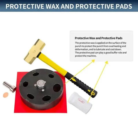 Round Disc Cutter Set With 13 Disc Sizes From One Quarter Inch To Three And Three Eighths Inches Yellow Handle Precision Hole Punch shown with protective wax and pads.