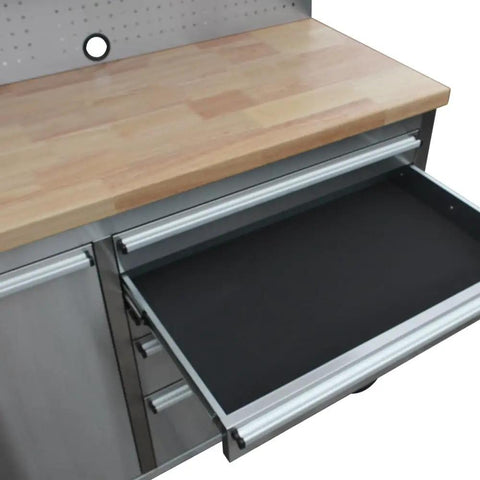 Image of the Dang Tough Rolling Tool Chest In A 2 Pack With 11 Drawers And 3 Lockable Cabinets showcasing an opened drawer with wood top.