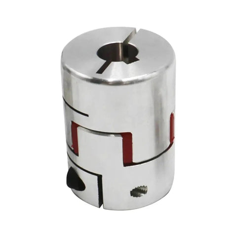 Upgrade Your 3D Printer With A Smooth SFU1610 Ball Screw Kit Featuring BKBF12 And DSG16H Components Plus Coupler For Precision Z Axis C7 Grade Motion Control. silver metal coupler with red inserts, top view