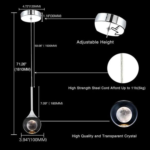 Crystal Pendant Light With Moon Glow, Modern Chrome Finish, Dimmable LED 5W Mini Hanging Light For Kitchen Island Lighting, Dining Room, Bar Or Bedroom, Elegant Contemporary Fixture