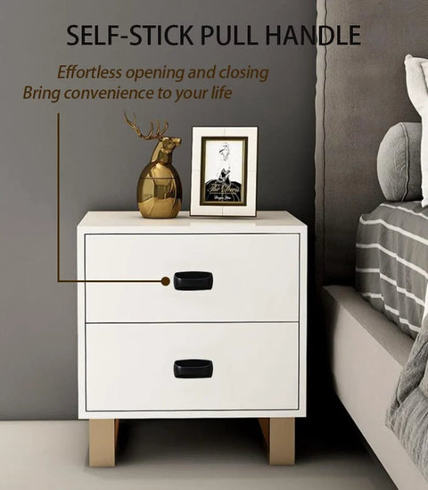 6 Pack Self Stick Cabinet Handles And Drawer Pulls With Adhesive, Drill Free Installation on white bedside table in modern bedroom.