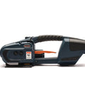 Heavy Duty Electric Strapping Machine With Ergonomic Grip For PP PET Belt Sealing Locks Down Pallet Cartons Fast rugged alloy frame, side view.