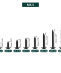 Various sizes of black oxide coated wood screws M3.5, metric measurements and details shown on a white background.