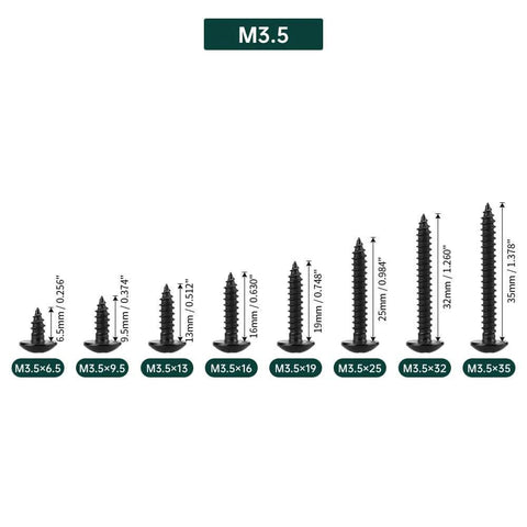 Various sizes of black oxide coated wood screws M3.5, metric measurements and details shown on a white background.