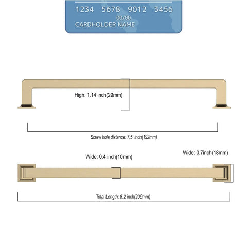 Dimensions of Ten Pack 7.5 Inch Brushed Brass Cabinet Pulls Gold Tone Handles For Multiple Cabinets With Two Screw Sizes