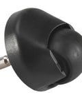 Close-up of black plastic front wheel for Conga vacuum cleaner; metal axle protrudes