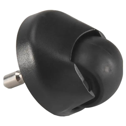 Close-up of black plastic front wheel for Conga vacuum cleaner; metal axle protrudes