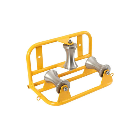Heavy-Duty Steel Cable Puller Sheave For Large Scale High V And Construction Projects, yellow metal frame with three steel rollers.