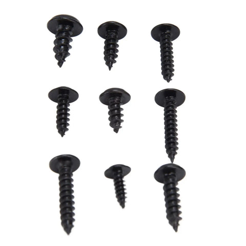 Assorted sizes of screws from 380 Pcs Self Tapping Screws Kit With Washer, Black Carbon Steel Round Head Self Drilling Screws