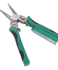 Top Shelf Electrician Wire Stripper And Crimping Pliers With Built In Voltage Tester, green ergonomic multitool for electricians.
