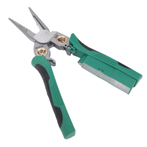 Top Shelf Electrician Wire Stripper And Crimping Pliers With Built In Voltage Tester, green ergonomic multitool for electricians.