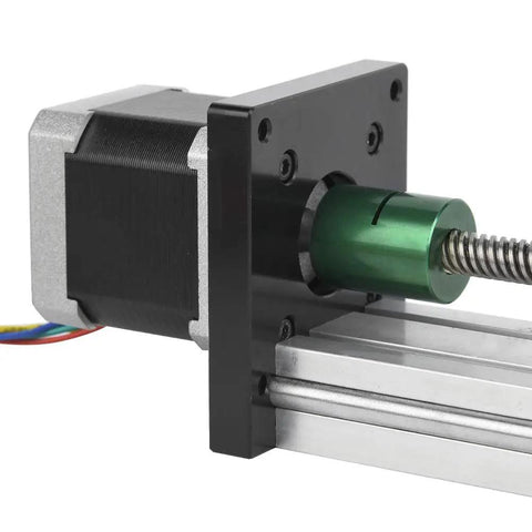 Badass 0808 Screws Long Stage Actuator Nema 17 42 Stepper Motor with smooth green coupling and aluminum rails.