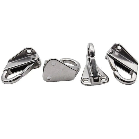 Spring Snap Attach Rope Hook in 316 Stainless Steel for Fender Points and Mooring, shown in 4 different angles, 4 Pack