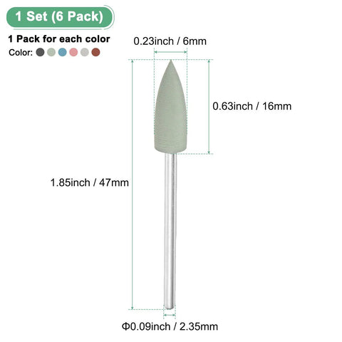 Polishing Bit Set For Rotary Tool, 0.23 Inch Dia Silicone Pointed Buffing Wheel Kit, dimensions and color shown