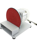 Heavy Duty Bench Grinder And Polishing Machine Featuring Workhorse 550 Watt Brushless Motor with red sanding disc on sturdy aluminum base.