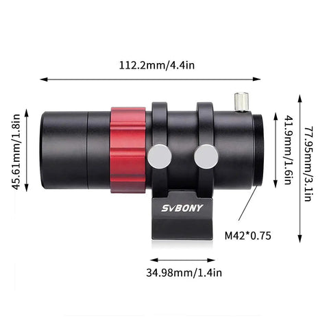 Side view of SV165 Mini Guide Scope 30mm F4 Finder Bundle with measurements, for 1.25 In and M42 mounts, back focus 45mm.