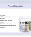 Synthetic High Temperature Grease container with product details including brand, model CAM2, and sizes 800g, 12kg, 16kg.