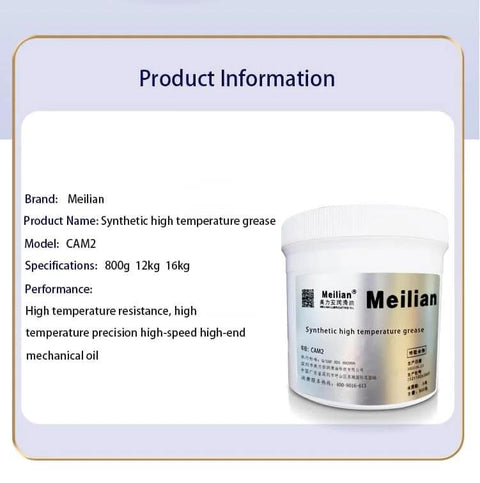 Synthetic High Temperature Grease container with product details including brand, model CAM2, and sizes 800g, 12kg, 16kg.